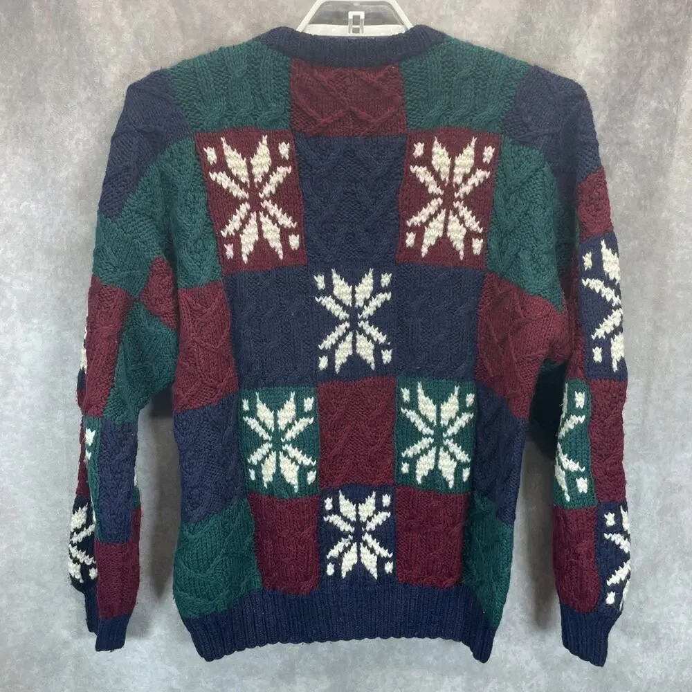 Vtg Embassy Row XL Blue Green Red Wool Sweater Color Block Cable Knit Crew Men's
